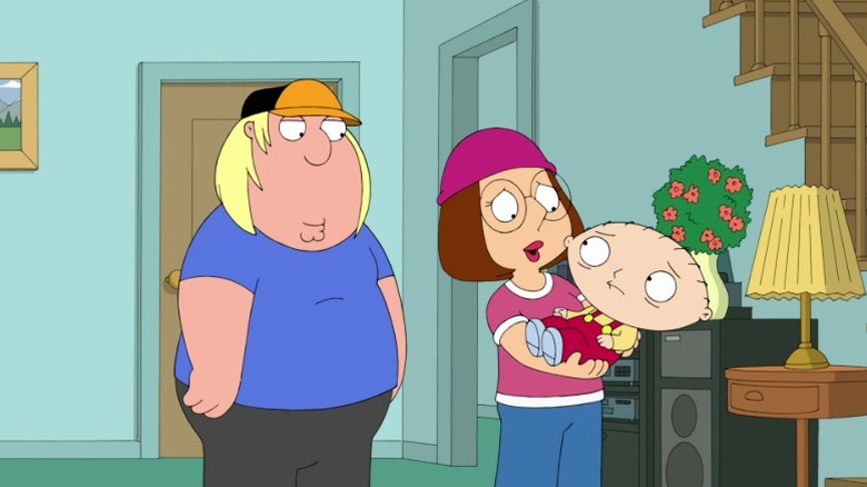 Meg Griffin holding a worried Steve while Chris stands next to them on Family Guy S11E4