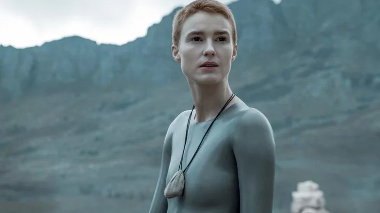 Amanda Collin with short red hair as Mother in Raised By Wolves