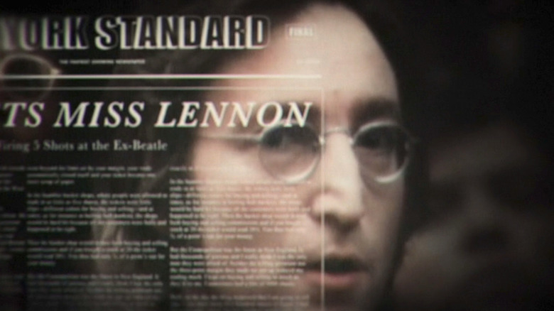 Closeup of John Lennon's face with news article over top in For All Mankind Season 2