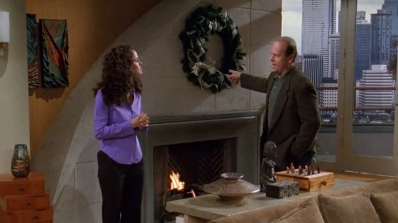 Amy Brenneman and Kelsey Grammer as Faye Moskowitz and Dr. Frasier Crane arguing on  Frasier