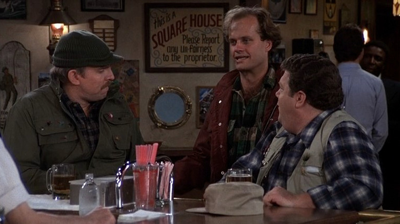 John Ratzenberger, Kelsey Grammer, and George Wendt as Cliff Clavin, Dr. Frasier Crane, and Norm Peterson on Cheers