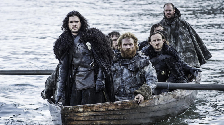 Kit Harington as Jon Snow and Kristofer Hivju as Tormund on a boat in Game of Thrones