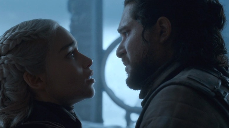 Daenerys locking eyes with Jon after being stabbed on Game of Thrones S8E6