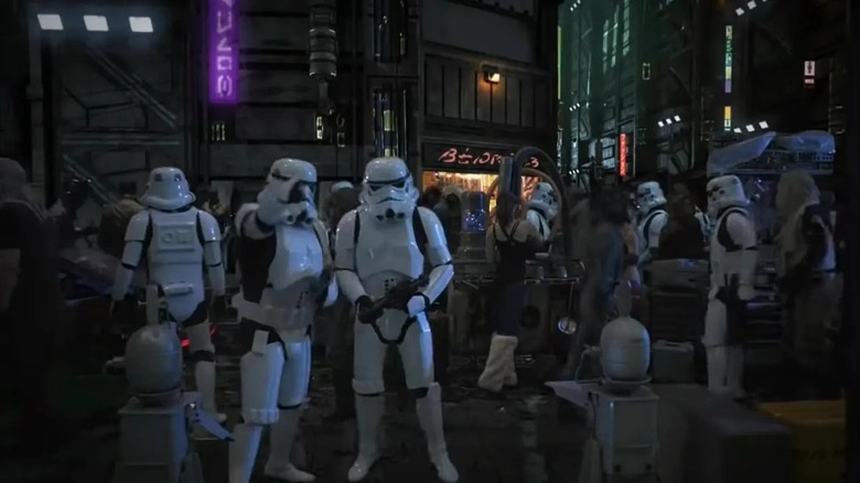 Imagens de teste mostram Stormtroopers em meio a uma multidão de civis em uma cena noturna sombria em Coruscant 