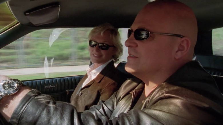 Monica (Glenn Close) sitting in a car with Vic (Michael Chiklis) on "The Shield"
