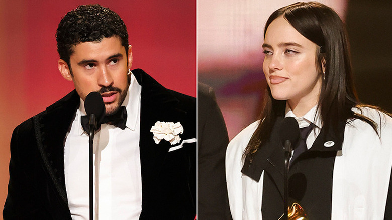 Bad Bunny and Billie Eilish accepting awards at the 2026 Grammys
