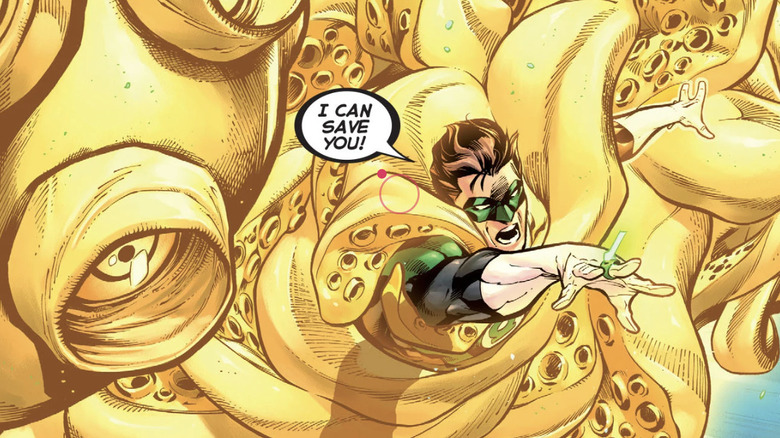 A superhero with brown hair wearing a green and black uniform with a green domino mask is engulfed by a mass of yellow tentacles. He is arms are outstretched and he's wearing white gloves, there is a green ring on his right hand. There is a speech bubble that reads "I CAN SAVE YOU!"