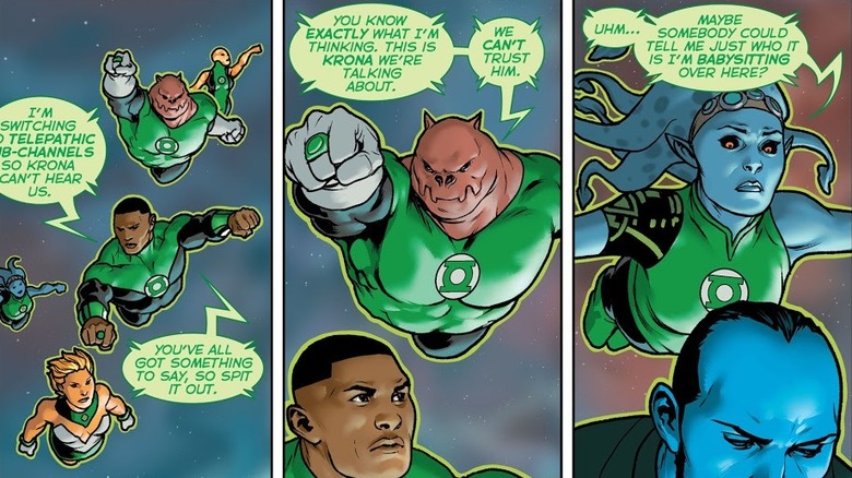 Green Lanterns using their rings to communicate telepathically in "Green Lantern: The Lost Army" #1