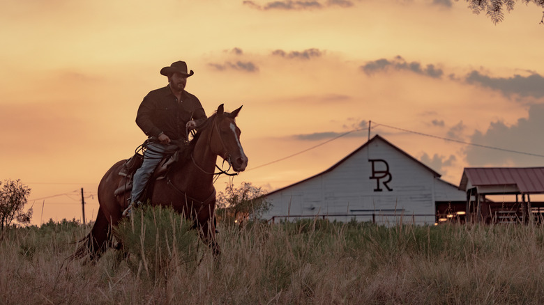 Rip Wheeler riding a horse in "Dutton Ranch" (2026)