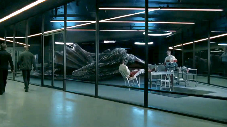 David Benioff and D.B. Weiss as Delos technicians in a room with Drogon from Game of Thrones in Westworld