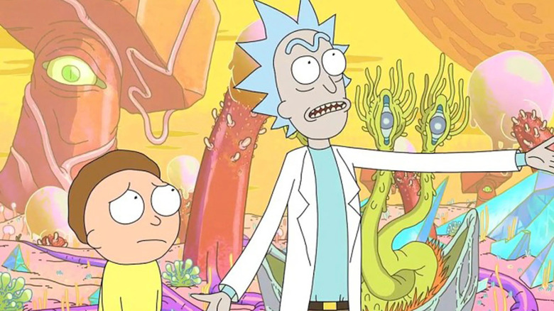 Rick and Morty explore a strange and colorful alien world, where the plants have eyes.