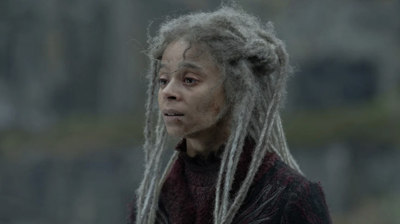 Phoebe Campbell as Rhaena Targaryen looking disheveled from chasing Sheepstealer in the Vale in House of the Dragon