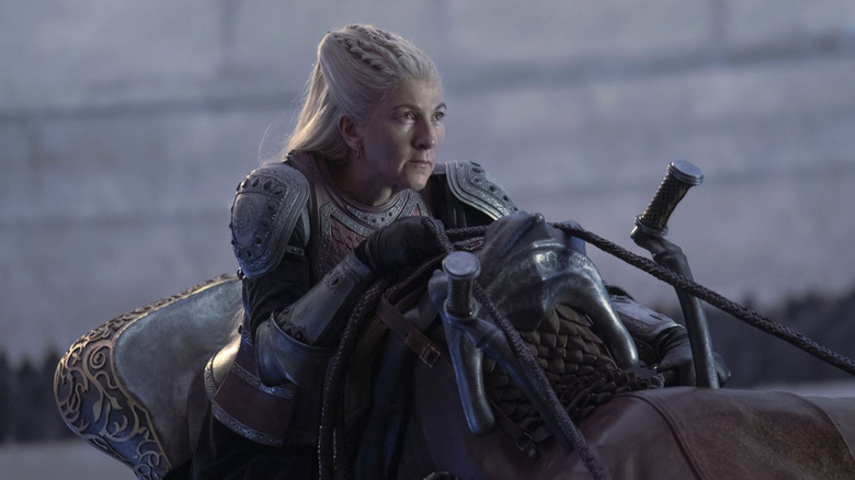 Eve Best as Rhaenys Targaryen riding Meleys in House of the Dragon