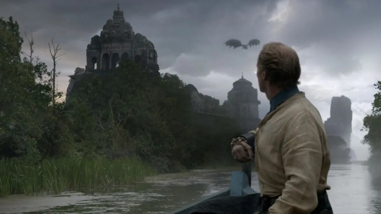 Jorah Mormont looking at the ruins of Old Valyria from a boat in Game of Thrones Season 5 (2015)