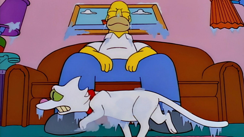 An icy Snowball I walks past Homer in a frozen living room on The Simpsons.
