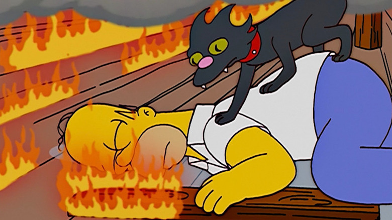 Snowball II tries to wake up an unconscious Homer in the middle of a fire on The Simpsons.