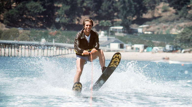 The Fonz on water skis, preparing to literally jump the shark on Happy Days.