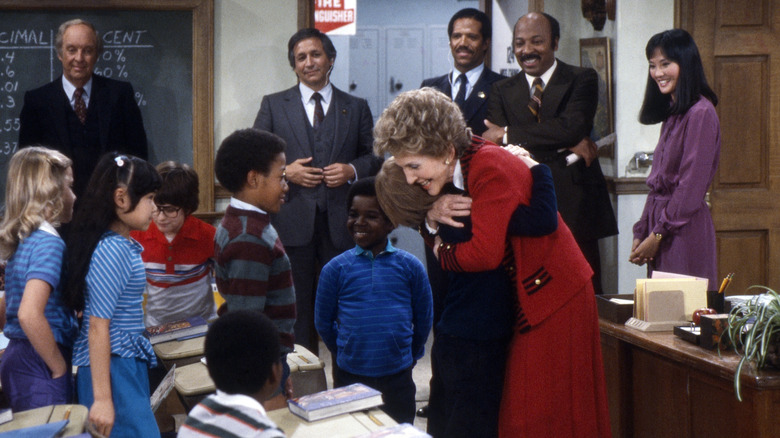 First Lady Nancy Reagan films a scene on the set of the television show 'Diff'rent Strokes,' March 11, 1983 in Los Angeles.