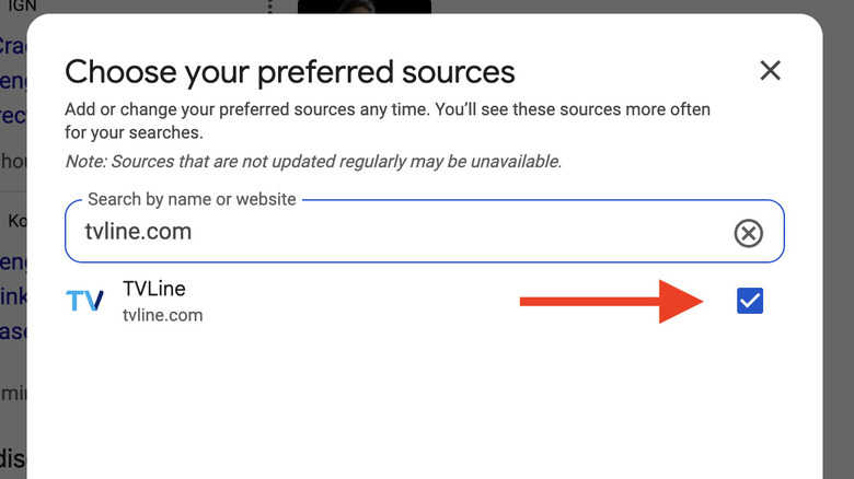 Screenshot of choosing a preferred source on Google for TVLine