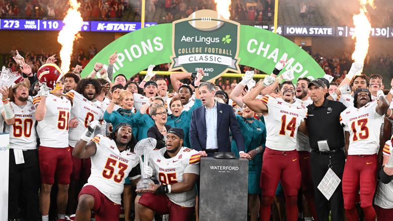 Iowa State celebrates a win in the 2025 Aer Lingus College Football Classic
