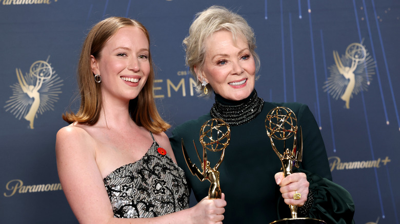 Hannah Einbinder and Jean Smart celebrating Emmy wins for "Hacks" in 2025