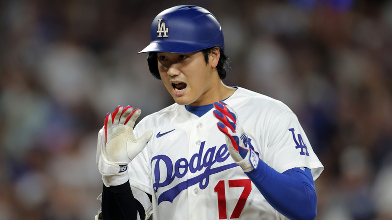 Shohei Ohtani of the Los Angeles Dodgers yelling on field