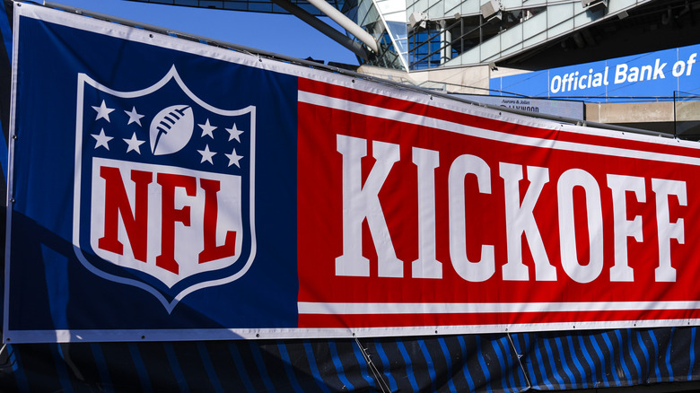 an NFL kickoff banner outside a stadium