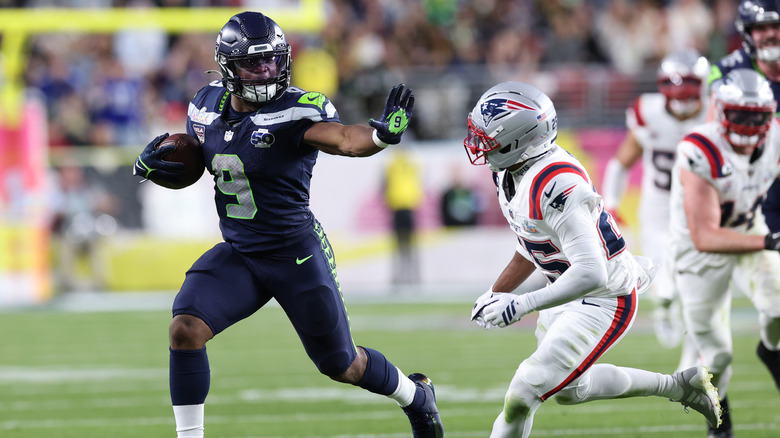 Seahawks and Patriots on the field in Super Bowl LX