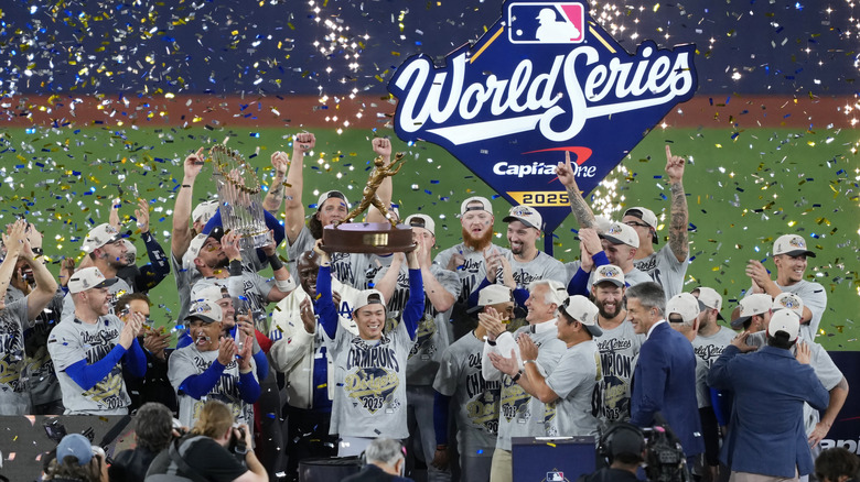 The Los Angeles Dodgers celebrate a second straight World Series victory