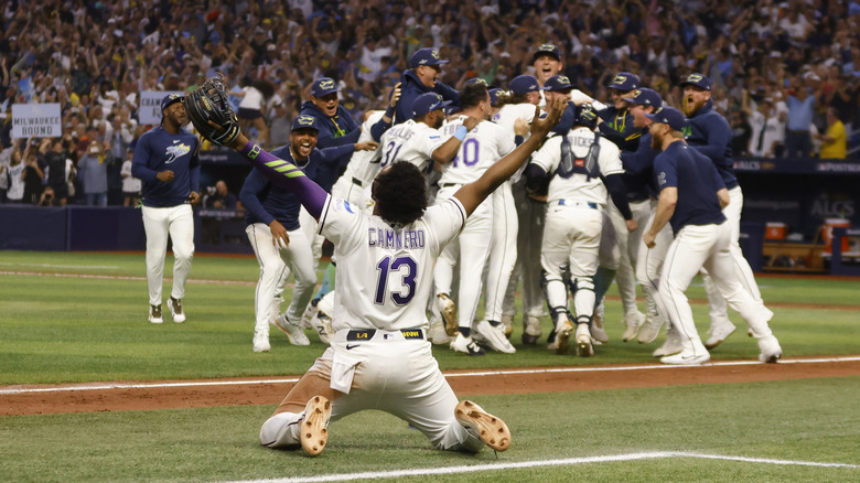 The Tampa Bay Rays celebrate winning the ALCS