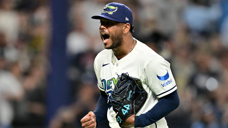 Freddie Peralta celebrates during Game 6 of the ALCS between the Rays and the Guardians