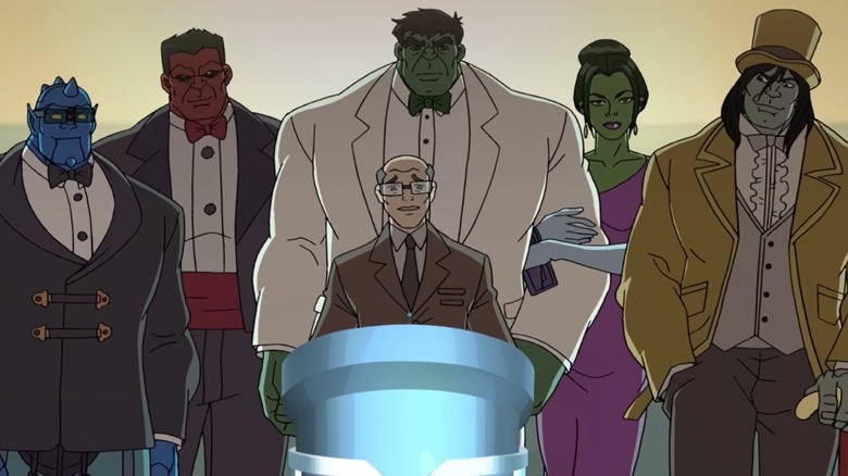 A-Bomb, Red Hulk, Hulk, She-Hulk, and Skaar being introduced by the manager of the Hotel Colossus