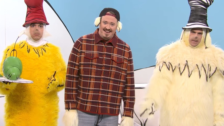 Andrew Dismukes, Shane Gillis, and Mikey Day wear fluffy Dr. Seuss-inspired costumes on "Saturday Night Live."