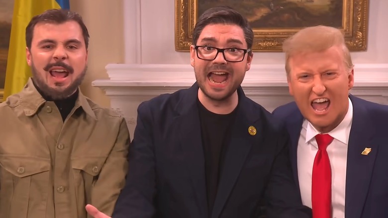 Freddie Meredith, George Fouracres and James Austin Johnson pose as Volodymyr Zelenskyy, Andy Burnham, Donald Trump