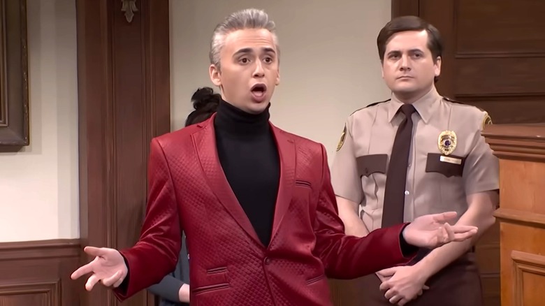 Marcello Hernández as Sebastian Maniscalco and Jeremy Culhane as a bailiff during a court sketch