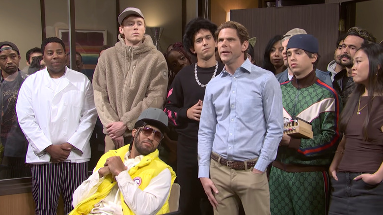 Jalen Brunson and other cast members in a sketch from "Saturday Night Live"