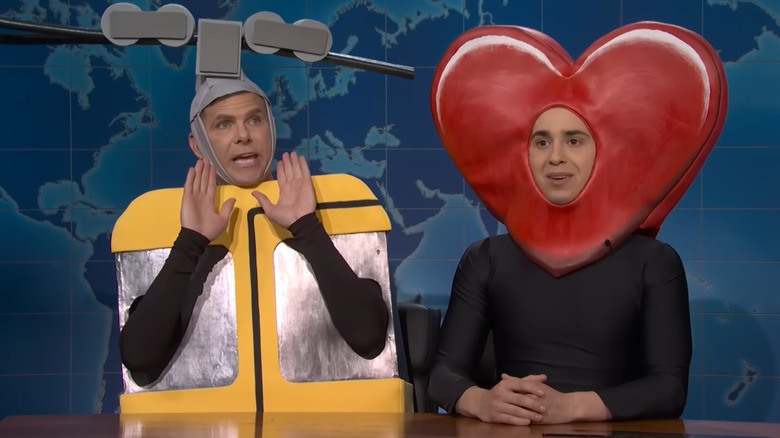 Mikey Day and Marcello Hernández wearing costumes on Saturday Night Live