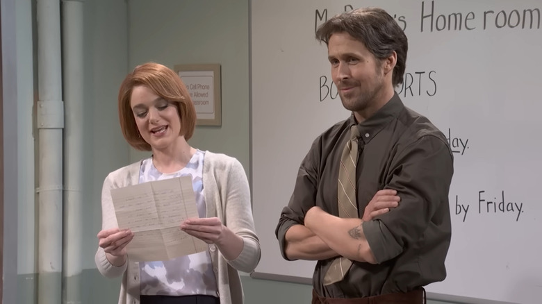 Ashley Padilla and Ryan Gosling standing together in Saturday Night Live