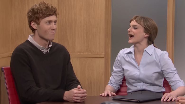 Ben Marshall and Ashley Padilla sitting together on Saturday Night Live
