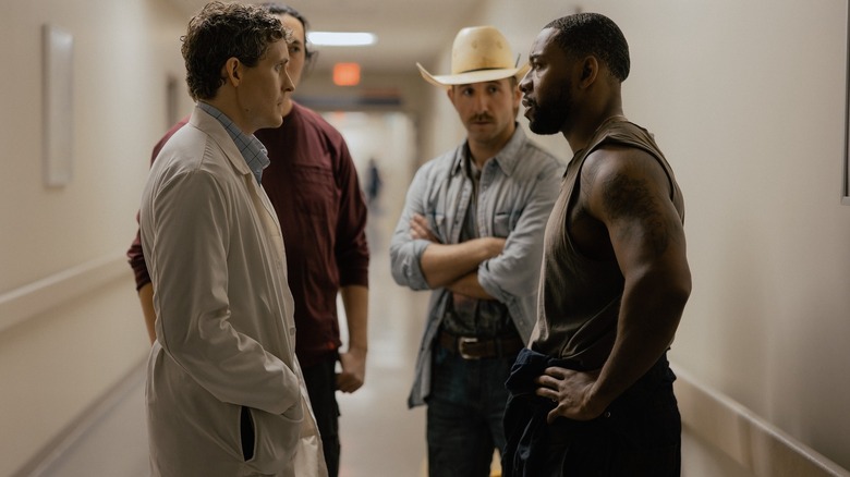 A doctor speaks with Mustafa Speaks as Boss, Caleb Martin as Ben and Dougie Hall as King in Landman