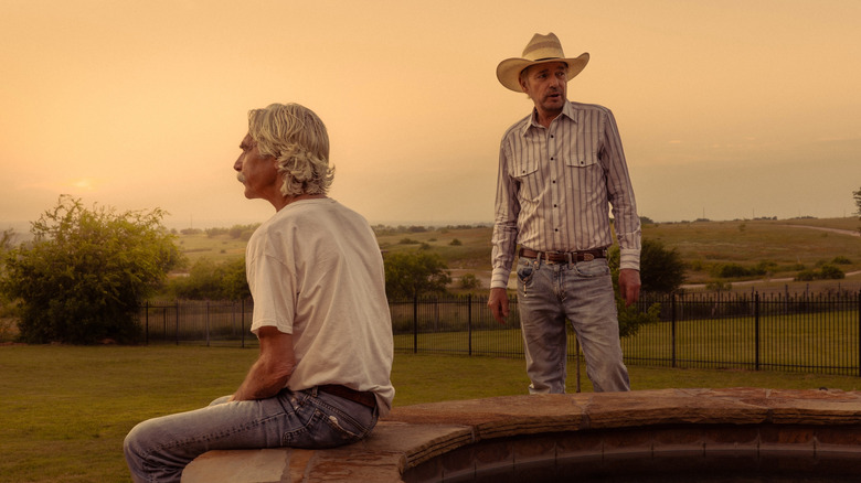 Sam Elliott as T.L. and Billy Bob Thornton as Tommy look in opposite directions Landman