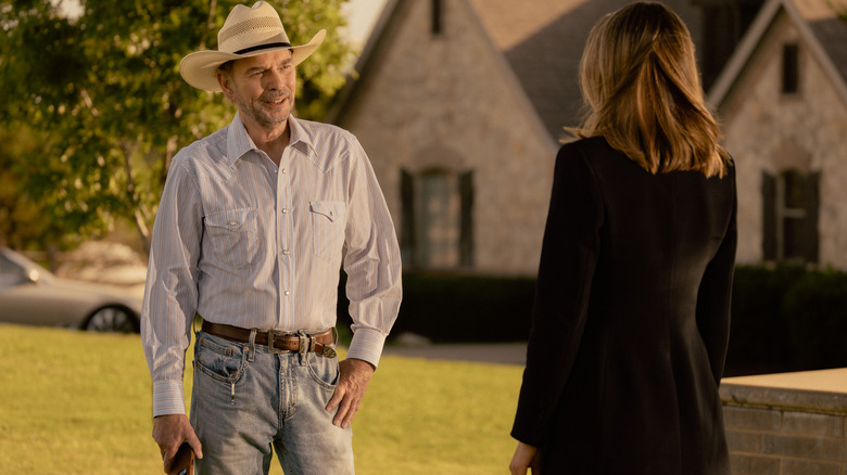 Billy Bob Thornton as Tommy talks to Kayla Wallace as Rebecca in Landman