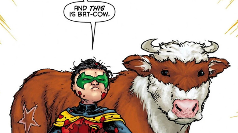 Damien Wayne standing in front of a cow, saying 'And This is Bat-Cow'