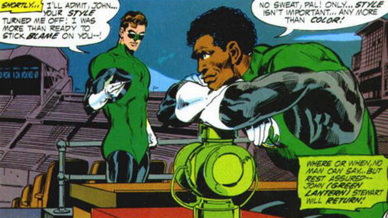 Hal Jordan and John Stewart having a conversation in 1970s comic books