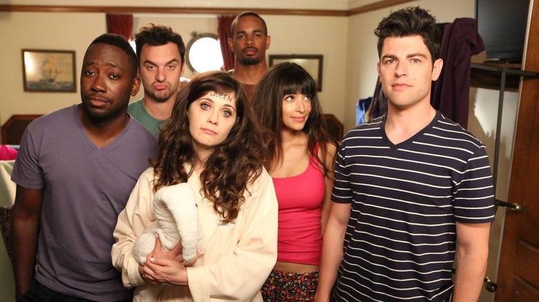 Winston, Nick, Jess, Cece, Coach, and Schmidt in a publicity still for New Girl Season 3 Episode 23