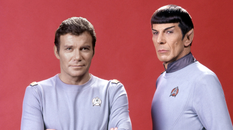 William Shatner as Captain James Kirk and Leonard Nimoy as Spock in a photoshoot for Star Trek: The Motion Picture
