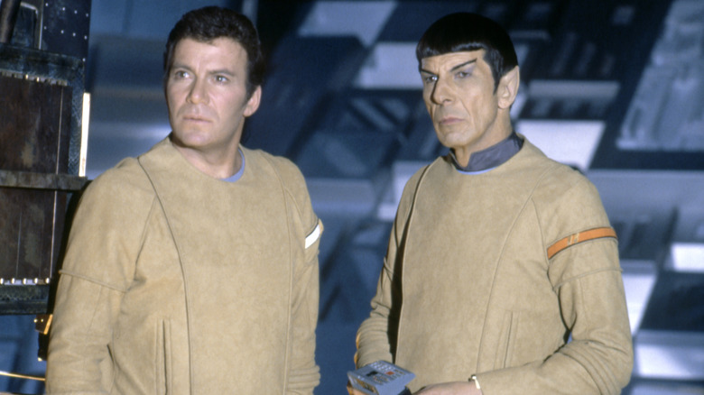 William Shatner as Captain James Kirk and Leonard Nimoy as Spock in beige jackets in Star Trek: The Motion Picture