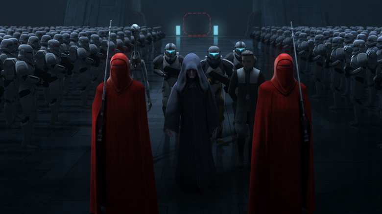 Emperor Palpatine advancing through a platoon of troopers, flanked by clone commandos and royal guards in Star Wars: The Bad Batch season 3 (2024)