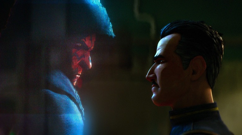 Maul facing down an Imperial officer via hologram, hood up, in Star Wars: Maul — Shadow Lord