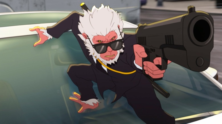 Hit-Monkey aims a gun on "Hit-Monkey"